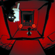 A painter and her canvas sit in a room in a red hallway that is flipped upside down as the player is greeted with arrows on either side of them that can flip the room's orientation.